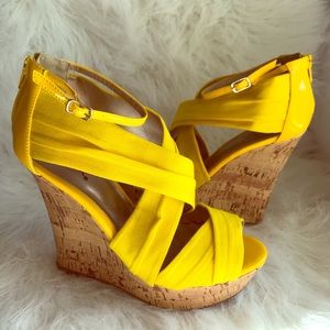 Yellow Faux Cork Wedge High Heels